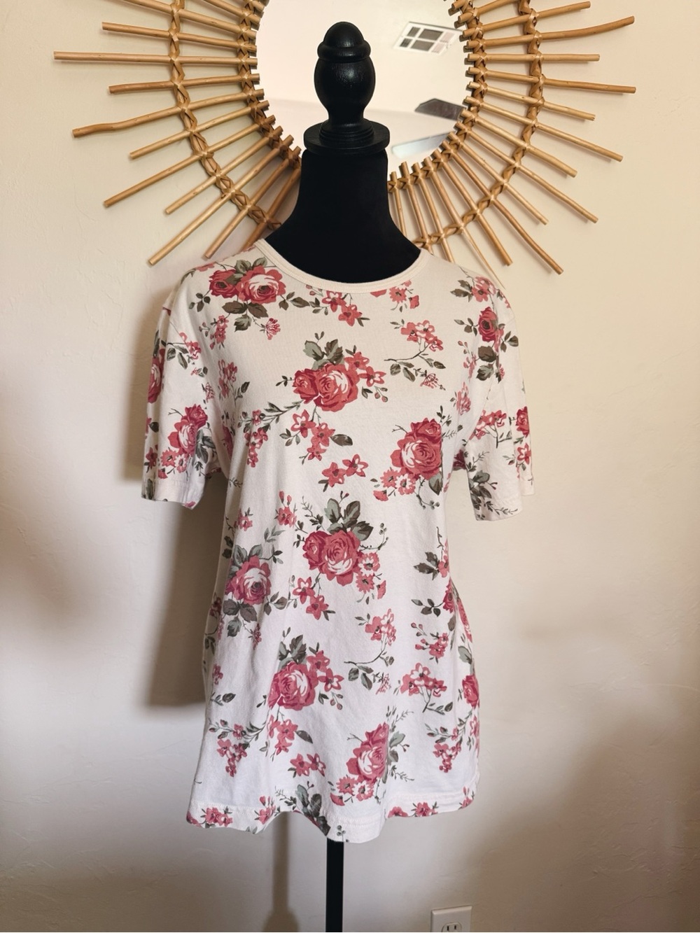Cherokee White Short Sleeve Tee with Pink Rose Print